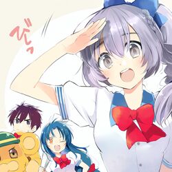  1boy 2girls animal_costume azuma_kouji black_hair blue_hair bonta-kun bonta-kun_(cosplay) braid brown_eyes chidori_kaname commentary_request cosplay full_metal_panic full_metal_panic?_fumoffu grey_eyes highres jindai_high_school_uniform multiple_girls sagara_sousuke scar school_uniform serafuku silver_hair single_braid teletha_testarossa 