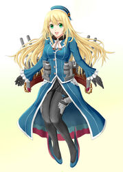  atago_(kancolle) bad_id bad_pixiv_id beret black_gloves blonde_hair blue_footwear breasts cannon female full_body gloves green_eyes hat high_heels highres jacket kantai_collection large_breasts long_hair long_sleeves looking_at_viewer machinery military military_uniform open_mouth pantyhose pazuzu438 photoshop_(medium) shoes smile solo turret uniform 