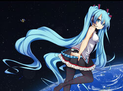  aqua_eyes aqua_hair blush commentary_request detached_sleeves earth_(planet) female floating floating_hair hatsune_miku hayabusa_(spacecraft) headphones headset highres in_orbit letterboxed long_hair necktie planet revision satellite sei000 skirt smile solo space spacecraft striped_clothes striped_thighhighs thighhighs twintails very_long_hair vocaloid 