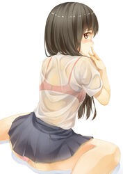  ass back black_hair blush bra bra_strap brown_eyes commentary_request ecou female hand_to_own_mouth long_hair looking_at_viewer looking_back open_mouth original panties pink_panties pleated_skirt red_bra school_uniform see-through shirt short_sleeves simple_background sitting skirt solo underwear very_long_hair wariza wet wet_clothes wet_shirt white_background 