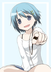  alternate_costume blue_eyes blue_hair bra_strap casual commentary_request earbuds earphones female hair_ornament hairclip indian_style long_sleeves mahou_shoujo_madoka_magica mahou_shoujo_madoka_magica_(anime) miki_sayaka single_earphone_removed sitting smile solo yukimura_kaname 