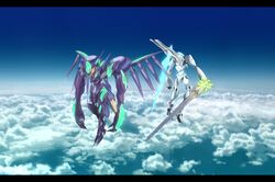  above_clouds bad_id bad_pixiv_id claws cloud crystal floating glowing hia_(overline) highres letterboxed mark_nicht mark_sein mecha no_humans robot sky soukyuu_no_fafner spikes sword weapon wings 