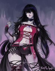  armor belt black_choker black_hair breasts choker commentary_request contrapposto female highres long_hair looking_to_the_side medium_breasts pale_skin parted_lips pink_lips short_shorts shorts solo standing tales_of_(series) tales_of_berseria tofucakes torn_clothes twitter_username underboob velvet_crowe yellow_eyes 