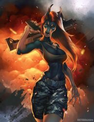  5_fingers anthro bad_trigger_discipline big_breasts black_nose blue_eyes bottomwear breasts brown_hair camo canid canine canis claws cleavage clothed clothing cool_guys_don&#039;t_look_at_explosions crop_top digital_media_(artwork) dobermann dog_tags domestic_dog explosion female fingers gun hair iskra jewelry mammal midriff navel necklace okithau pinscher ranged_weapon red_hair rifle shaded shirt shorts shotgun slim small_waist solo tank_top topwear weapon 