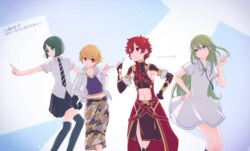  3boys alexander_(fate/grand_order) banned_artist blonde_hair cargo_pants child_gilgamesh collared_dress crop_top dress enkidu_(fate/strange_fake) fate/strange_fake fate_(series) genderswap_(mtf) green_hair grey_eyes jacket long_hair messy_hair mitsu_(imoimou) multiple_boys multiple_girls navel necktie otoko_no_ko pants pleated_skirt poses red_eyes red_hair rule_63 sensha_otoko short_hair short_sleeves skirt thighhighs waver_velvet white_dress 