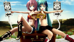  2girls 39 64 aqua_eyes aqua_hair belt belt_buckle bikini bikini_top_only boots briefcase buckle commentary_request cowboy_boots cutoffs d: denim denim_shorts desert front-tie_top halterneck hatsune_miku highres highway kadomaki_shinnosuke long_hair map megurine_luka midriff multiple_girls navel number_pun open_mouth pink_hair pointing pun revision road_sign shirt short_shorts shorts sign sitting skirt sleeveless sleeveless_shirt swimsuit symmetry tied_shirt travel twintails united_states vocaloid 