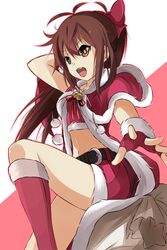  belt bow brown_eyes brown_hair christmas female hairbow highres isolda_gaillard missing_stars myuto_(advent_retribution) simple_background solo 