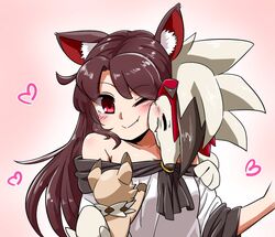  animal_ears bare_shoulders blush brooch brown_hair cheek_press closed_eyes commentary_request crossover evolutionary_line female heart imaizumi_kagerou jewelry long_hair lycanroc lycanroc_(midnight) noel_(noel-gunso) one_eye_closed pokemon pokemon_(creature) red_eyes rockruff sleeves_pushed_up smile species_connection touhou upper_body wolf_ears 