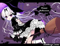  bad_id bad_pixiv_id broom broom_riding commentary dress female gloves gothic_lolita halloween hat heterochromia horns lolita_fashion long_hair original rolo_noir single_thighhigh solo thighhighs tsukikage_nemu white_hair witch_hat 