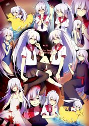  6+girls akuma_no_riddle asymmetrical_legwear banba_mahiru banba_shin&#039;ya bare_shoulders black_legwear blood blush commentary_request copyright_name dress dual_persona english_text grey_hair grin hair_over_one_eye hand_on_own_face japanese_clothes kimono long_hair long_sleeves mary_(14476764) multiple_girls necktie obi ponytail purple_eyes rubber_duck sash scar school_swimsuit school_uniform serafuku sharp_teeth shoes short_sleeves single_thighhigh skirt smile socks sundress swimsuit teeth thighhighs uneven_legwear water wide_sleeves yukata 