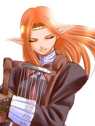 3:4 brooch digital_media_(artwork) elf elvaan female final_fantasy final_fantasy_xi half-length_portrait harp humanoid humanoid_pointy_ears light lyre musical_instrument not_furry plucked_string_instrument portrait solo square_enix string_instrument tori_(torinchi) ulmia