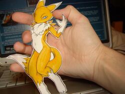 4:3 anthro bandai_namco bed breasts canid canine chest_tuft computer darkdoomer desktop digimon digimon_(species) disembodied_hand duo electronics featureless_breasts female fur furniture grandfathered_content laptop lulz.net mammal mixed_media paper_child papercraft papercutting_(artwork) real renamon solo_focus tail traditional_media_(artwork) tuft white_body white_fur yellow_body yellow_fur