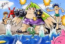 3_toes 5_fingers bandai_namco barefoot beach black_eyes blue_hair bodily_fluids bottomwear brown_hair claws clothed clothing cloud crouching day digimon digimon_(species) eyewear eyewear_on_head feet fingers fish gargomon goggles goggles_on_head group guilmon gun gun_arm hair henry_wong human humanoid_hands jumping long_ears looking_aside looking_at_another low_res m.ca male mammal marine nude open_mouth open_smile outside outstretched_arm ranged_weapon red_body red_skin running sand scalie seaside shooting short_hair shorts size_difference sky smile solo_focus splash standing sweat sweatdrop takato_matsuki tears toes topless water weapon