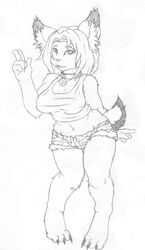 anthro bell collar dktorzi felid feline female hair looking_at_viewer lynx mammal monochrome short_hair solo vivi_(malis)