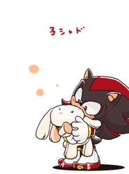 animal_plushie anthro big_eyes biped black_body black_fur black_hair blush clothing eulipotyphlan footwear fur gloves hair handwear hedgehog holding_object holding_plushie holding_toy japanese_text male mammal mostly_nude plushie rabbit_plushie red_eyes red_hair sega shadow_the_hedgehog shoes simple_background solo sonic_the_hedgehog_(series) tan_body tan_skin text toony toy translation_request urahyu white_background