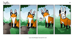 2010 ambiguous_gender black_eyes canid canine comic disguise distracting_watermark duo_focus emily_chan feral fox fur grass group hiding humor lagomorph leporid mammal oblivious orange_body orange_fur plant procyonid question_mark rabbit raccoon stupidfox tail watermark white_body white_fur