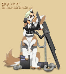 blue_eyes canid canine clothing female glass gun hat hc_svnt_dracones headgear headwear hi_res mammal nadia_leniff ranged_weapon severus solo tail taur vector_(hsd) weapon