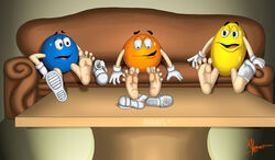 2009 4_toes 5_toes alakser ambiguous_gender blue_(m&amp;m&#039;s) blue_body candy clothing dessert feet food food_creature foot_focus footwear furniture group humanoid_feet legwear living_candy living_m&amp;m m&amp;m&#039;s mars_incorporated mascot not_furry open_mouth orange_(m&amp;m&#039;s) orange_body paws plantigrade shoes signature socks sofa toes trio waddling_head yellow_(m&amp;m&#039;s) yellow_body