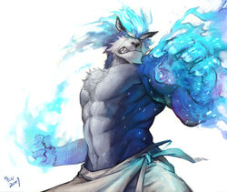 2009 abs anthro blue_eyes bottomwear canid canine canis chest_tuft claws clothed clothing fur loincloth looking_at_viewer magic male mammal muscular muscular_anthro muscular_male mystical nick300 simple_background solo topless tuft white_background wolf