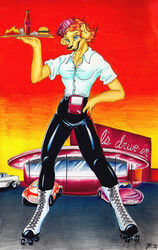 1960s anthro blue_eyes bottomwear breasts canid canine canis car carhop cleavage clothed clothing domestic_dog drive-in_restaurant female food leather leather_bottomwear leather_clothing leather_pants mammal pants poster poster_template quad_skates rei_vagan roller_skates skating smile solo vehicle waiter