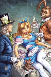 alice_(alice_in_wonderland) alice_in_wonderland beverage cake dessert female food group human human_focus lagomorph leporid mad_hatter mammal march_hare mouse murid murine not_furry_focus rabbit rodent shocked tail tea unknown_artist