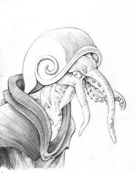 ambiguous_gender anthro cephalopod cephalopod_shell chris_beaver clothing greyscale low_res marine mollusk mollusk_shell monk monochrome nautilus robe shell solo suction_cup tentacle