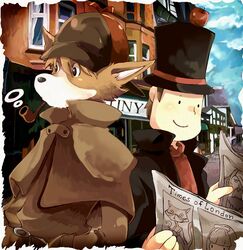 anthro apple canid canine canis clothing coat domestic_dog duo female food fruit hat headgear headwear level-5 london male mammal plant professor_layton professor_layton_(series) sherlock_hound sherlock_hound_(series) smoke smoking smoking_pipe street tobacco_pipe top_hat topwear toumitu trenchcoat