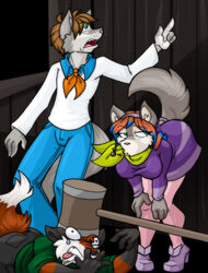 amber_williams anthro ascot banhammer bent_over canid canine canis clothed clothing countershading daphne_blake female fox fred_jones gesture green_eyes group hammer hand_gesture hanna-barbera looking_away male male/female mammal maul musical_note open_mouth parody pointing raised_tail sage_freehaven scooby-doo_(series) sechs_fuckheaven shocked tail tools wolf