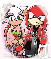 accessory anthro asian_clothing bat big_eyes big_head black_nose blush clothed clothing digital_media_(artwork) dreadlocks duo east_asian_clothing echidna eyelashes eyeshadow female flower flower_in_hair footwear front_view frown fully_clothed fur green_eyes hair hair_accessory holding_object japanese_clothing kimono knuckles_the_echidna legwear makeup male mammal monotreme plant purple_eyes purple_eyeshadow purse red_body red_fur red_hair rouge_the_bat sandals sega short_hair socks sonic_the_hedgehog_(series) standing tan_body tan_skin toony urahyu white_body white_fur white_hair