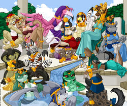 2007 afnet_(clothing) amber_williams amphibian anthro apode avian bird bovid bovine breasts canid canine canis cattle cel_shading circlet cleavage clothed clothing cobra common_hippopotamus cow_horns_crown crocodile crocodilian crocodylid crown deity detailed_background digital_media_(artwork) digital_painting_(artwork) domestic_cat draconcopode dreadlocks dress egyptian egyptian_clothing egyptian_headdress egyptian_mythology equid equine felid feline felis female fish flamingo frog furgonomics giraffe giraffid gold_(metal) gold_jewelry group hathor headdress headgear headwear hippopotamid hyena jackal jewelry kalasiris kerchief legless lion long_neck mammal marine middle_eastern_mythology mouse murid murine mythology naga neck_ring necklace nemes_(clothing) non-mammal_breasts pantherine radiant_crown reptile robe rodent scalie serpentine seshed_circlet shaded shark shemagh signature skimpy snake snake_hood spotted_hyena stripes tail thawb uraeus usekh water zebra