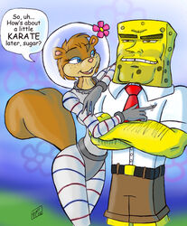 2008 anthro bodysuit breasts bubble_helmet buckteeth clothing dasutobani duo english_text female flower flower_cloud_(spongebob) freckles karate male mammal manly marine meme necktie nickelodeon plant rodent sandy_cheeks sciurid sea_sponge skinsuit spengbab sponge spongebob_squarepants spongebob_squarepants_(character) tail teeth testosterone text tight_clothing tree_squirrel underwater water what what_has_science_done wide_hips