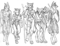 anthro anthrofied armor asheru_(setting) bandage barbarian bedding belt bikini black_nose blanket bottomwear breasts brooch brykuro canid canine canis clasp claws cloak clothing digitigrade felid female fur girdle graphite_(artwork) grey_body grey_fur greyscale group handmaiden hat headgear headwear hood jewelry johara loincloth male mammal melee_weapon monochrome pauldron pencil_(artwork) persian_(culture) rao roshani satchel scabbard scarf scott_ruggels simple_background sketch skirt soraya staff swimwear sword tail traditional_media_(artwork) weapon white_background white_body white_fur wolf wounded wraps yara