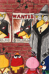 $ anthro avian beak bird blush cape clothing colored_pencil_(artwork) condor_(character) currency_symbol dollar_sign female group inspector_guriguri kyoro_chan kyoro_chan_(series) low_res male mikken mixed_media pachikuri pen_(artwork) poster symbol traditional_media_(artwork) unknown_artist wanted_poster