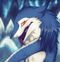 anthro bedroom_eyes blood_warpaint blue_body blue_fur forked_tongue fur half-closed_eyes looking_at_viewer male mammal markus_(dowantanaccount) narrowed_eyes seductive sergal solo sunao-san tongue tongue_out