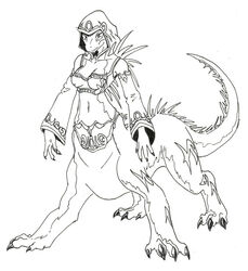 blizzard_entertainment breasts claws cleavage clothed clothing dragon dragon_taur dragonspawn facial_markings female head_markings hood markings midriff mythological_creature mythological_scalie mythology navel non-mammal_breasts scalie solo spines standing tail taur unknown_artist warcraft wyrmkin