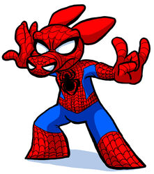 4_fingers anthro biped boobun cel_shading clothed clothing costume devil_horns_(gesture) domestic_pig fingers fully_clothed gesture hand_gesture male mammal marvel mask pose shaded simple_background solo spider-ham spider-ham_(character) spider-man_(character) spider-man_(series) spread_arms standing suid suina sus_(pig) toony white_background white_eyes