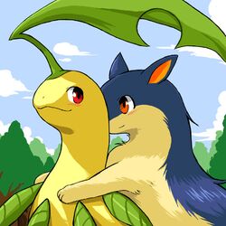 1:1 ambiguous_gender bayleef blush cloud detailed_background duo embrace feral forest generation_2_pokemon happy hug low_res nature nintendo outside plant pokemon pokemon_(species) quilava red_eyes sky tree wkar wood