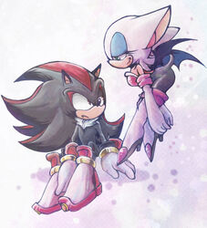 anthro bat big_ears big_eyes big_head black_body black_fur clothed clothing duo eulipotyphlan female fur hedgehog male mammal membrane_(anatomy) membranous_wings rouge_the_bat sega shadow_the_hedgehog simple_background sonic_the_hedgehog_(series) toony urahyu wings