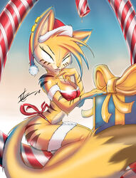 ambberfox blonde_hair blue_eyes bow_(feature) bow_accessory bow_ribbon box christmas clothed clothing container ear_piercing felid female gift gift_bow gift_box hair hat headgear headwear hi_res holidays mammal package piercing pose ribbons sanura solo tail two_piece_suit waist_bow