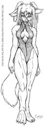 anthro bare_shoulders barefoot biped breasts canid canine canis cleavage clothed clothing domestic_dog ear_tuft eyeya feet female fur half-closed_eyes line_art looking_at_viewer mammal monochrome narrowed_eyes one-piece_swimsuit solo standing swimwear tail tuft twintails unzipped_swimwear zipper zipper_down zipper_swimsuit zipper_swimwear