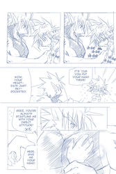 2:3 blue_and_white blush comic dialogue duo english_text heart_symbol heartbeat kuron kuron_(character) male monochrome nervous satire_(character) satyre text