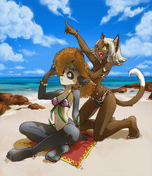 animal_print animal_print_bikini ankama anklet anthro barefoot beach bear belly_chain bikini black_body black_fur breasts brown_body brown_fur clothed clothing cloud crossed_legs detailed_background dofus duo ecaflip enaibi feet felid female fur gesture hand_gesture hindpaw jewelry kneeling mammal on_towel open_mouth outside pandawa pattern_bikini pattern_clothing pattern_swimwear paws plantigrade pointing sand sea seaside skimpy sky swimwear tail towel waist_accessory wakfu water white_body white_fur zebra_print zebra_print_bikini