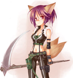 animal_humanoid belt breasts camo camo_belt camo_clothing camo_print camo_tank_top canid canid_humanoid canine canine_humanoid cleavage clothed clothing eyewear female fingerless_gloves fox fox_(trickster) fox_humanoid fox_tail glasses gloves hair handwear humanoid mammal mammal_humanoid medium_breasts melee_weapon midriff mofmof_(sousa) navel pattern_clothing polearm purple_hair red_eyes scythe solo standing tail trickster_online weapon