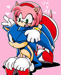 accessory amy_rose anthro big_eyes big_head blue_body blue_fur blush boots clothing dress duo eulipotyphlan female footwear fur gloves green_eyes hair_accessory hairband handwear hedgehog japanese_text male mammal pink_body pink_fur sega shoes sonic_the_hedgehog sonic_the_hedgehog_(series) text thin_calves thin_legs thin_thighs toony translated urahyu