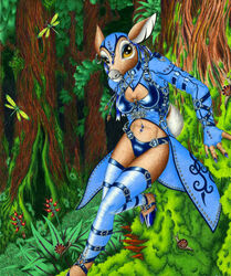 2007 anthro biped blue_hooves cervidian94 clothed clothing deer detailed_background female hooves kaneshia mammal nature navel navel_piercing outside piercing solo traditional_media_(artwork) yellow_eyes