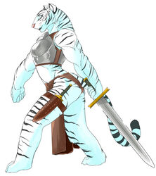 alan_dean_foster anthro armor biceps bottomwear cankles clothed clothing dagger digital_media_(artwork) felid female holding_melee_weapon holding_object holding_sword holding_weapon kazuhiro loincloth mammal melee_weapon muscular muscular_anthro muscular_female oekaki pantherine roseroar skimpy solo spellsinger stripes sword tail thick_calves tiger weapon