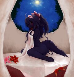 2010 accessory ahoge anthro bangs bed bed_sheet bedding biped black_body black_fur black_hair blush canid canine canis collar covering covering_chest covering_crotch covering_self den detailed_background digital_media_(artwork) domestic_dog eyelashes female flower forest full_moon fur furniture hair hair_accessory hair_between_eyes hair_ribbon hair_tie inside kemono long_hair looking_at_viewer mammal moon nervous night nude on_bed outside plant purple_body purple_fur purple_hair red_eyes ribbons romantic romantic_ambiance scenery side_view sitting sky solo star starry_sky tail tree twinkle window window_seat wkar