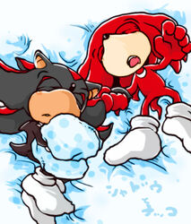 anthro bed black_body black_fur closed_eyes clothing crooked_tail digital_media_(artwork) duo echidna embrace embracing_object embracing_pillow eulipotyphlan footwear fur furniture hair hedgehog knuckles_the_echidna legwear male mammal monotreme pillow pulling_hair sega shadow_the_hedgehog sleeping socks sonic_the_hedgehog_(series) tail touching_hair urahyu white_clothing white_footwear