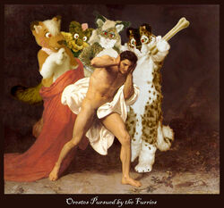 1862 19th_century 4_toes 5_toes ancient_art anthro belly biped bone brown_body brown_fur censored classical clothed clothing convenient_censorship costume english_text european_mythology feet fingers fur fursecution fursuit grandfathered_content greek_mythology group holding_object human humor inspired_by_formal_art male mammal markings mascot meme mod multicolored_body multicolored_fur mythology orestes partially_clothed photoshop pink_markings red_eyes tail text the_remorse_of_orestes third-party_edit toes white_belly white_body white_fur william-adolphe_bouguereau