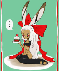 animal_humanoid bottomless breasts cake chibi cleavage clothed clothing crop_top dark_body dark_skin dessert female final_fantasy final_fantasy_xii food fran_(final_fantasy) fruit hair humanoid lagomorph lagomorph_humanoid legwear mammal mammal_humanoid plant red_eyes ribbons shirt solo square_enix strawberry thigh_highs topwear unknown_artist viera white_hair